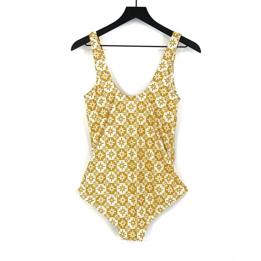 MODCLOTH One Piece Swimsuit Yellow White Floral Checkered L